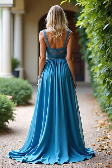 Gris Bleu Dentelle Col V Mousseline Une Ligne Robe de demoiselle d’honneur avec Fente